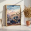 06 - Los Angeles Skyline Watercolor Canvas Print with Natural Floater Frame - Standing on Floor - Vertical.jpg