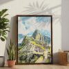 06 - Machu Picchu Watercolor Canvas Print with Brown Floater Frame - Standing on Floor - Vertical.jpg