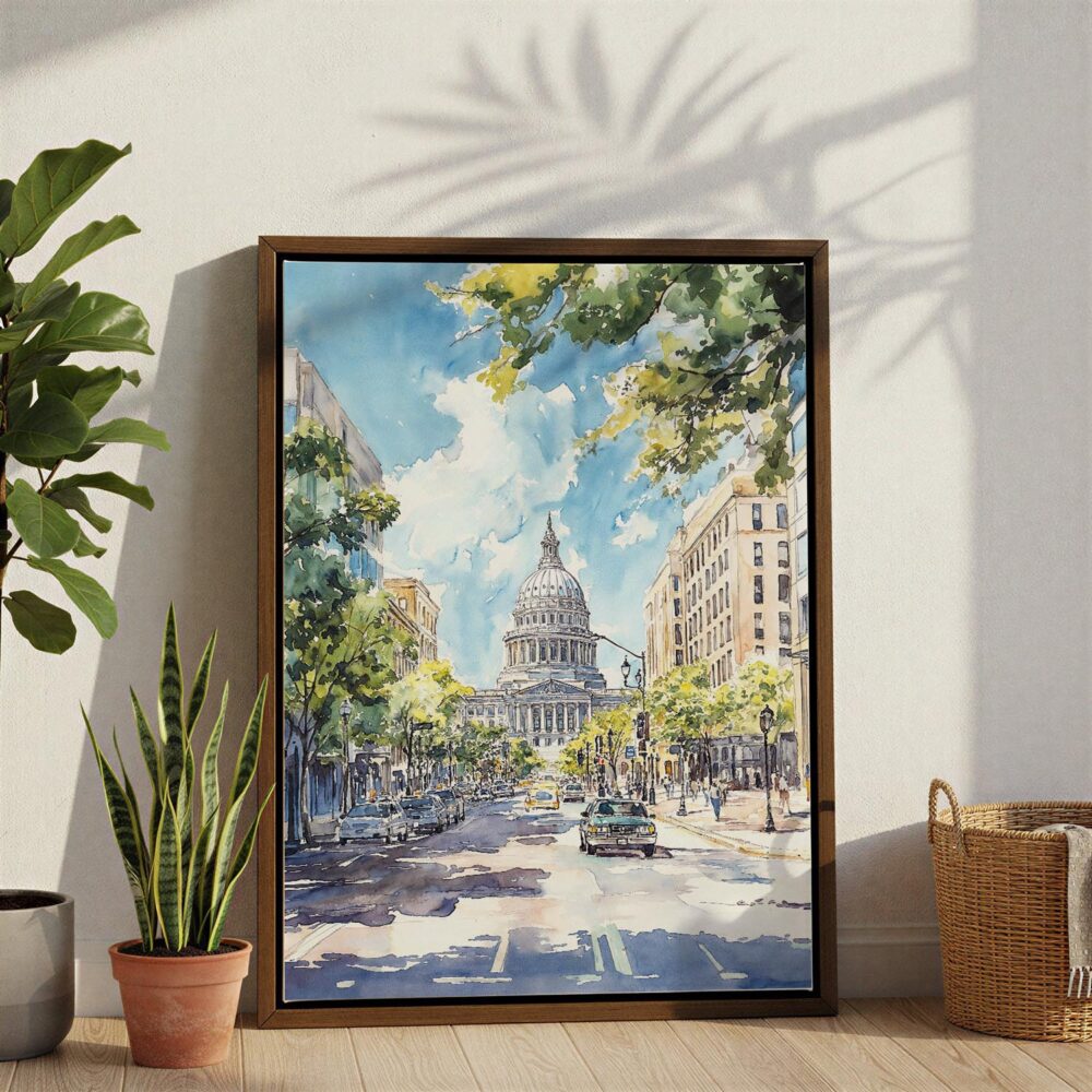 06 - Madison Wisconsin State Capitol Building Watercolor Canvas Print with Brown Floater Frame - Standing on Floor - Vertical.jpg 06 - Madison Wisconsin State Capitol Building Watercolor Canvas Print with Brown Floater Frame - Standing on Floor - Vertical.jpg