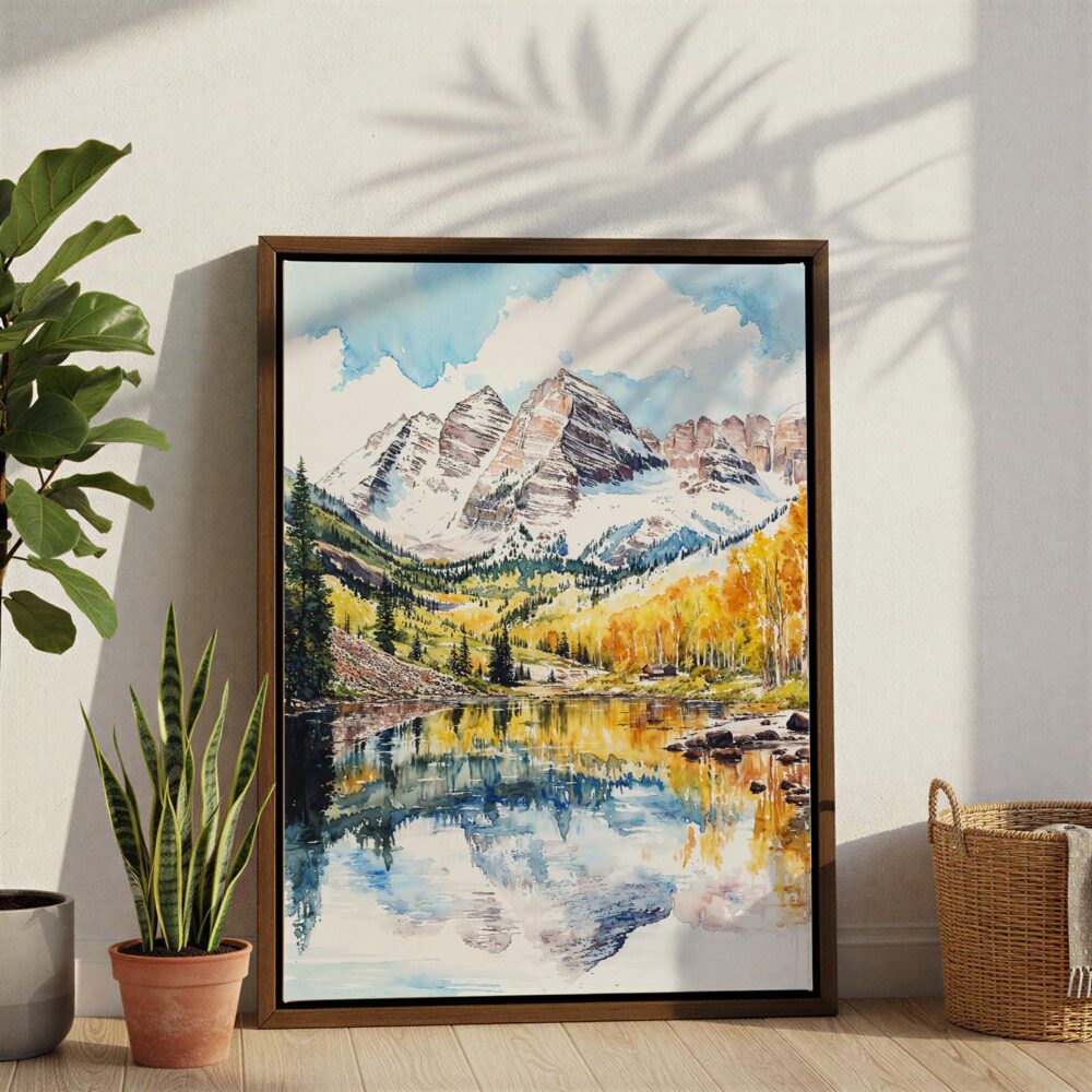 06 - Maroon Bells Aspen Watercolor Canvas Print with Brown Floater Frame - Standing on Floor - Vertical.jpg 06 - Maroon Bells Aspen Watercolor Canvas Print with Brown Floater Frame - Standing on Floor - Vertical.jpg