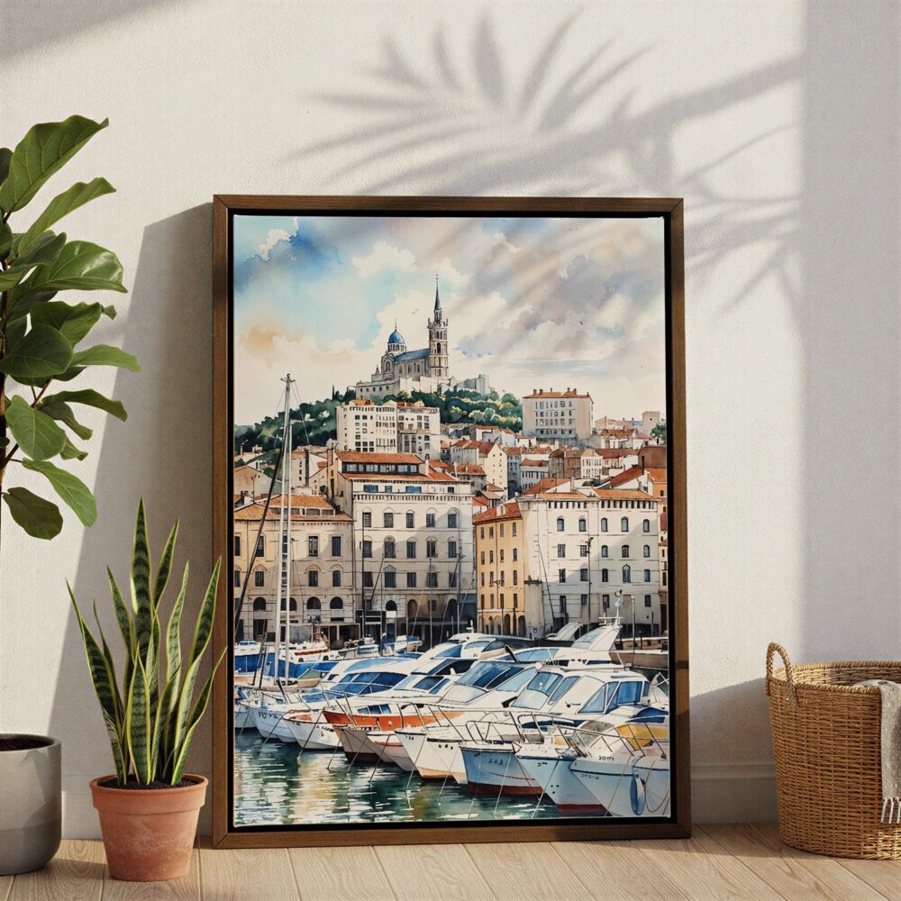 06 - Marseilles Watercolor Canvas Print with Brown Floater Frame - Standing on Floor - Vertical.jpg 06 - Marseilles Watercolor Canvas Print with Brown Floater Frame - Standing on Floor - Vertical.jpg