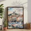 06 - Marseilles Watercolor Canvas Print with Brown Floater Frame - Standing on Floor - Vertical.jpg