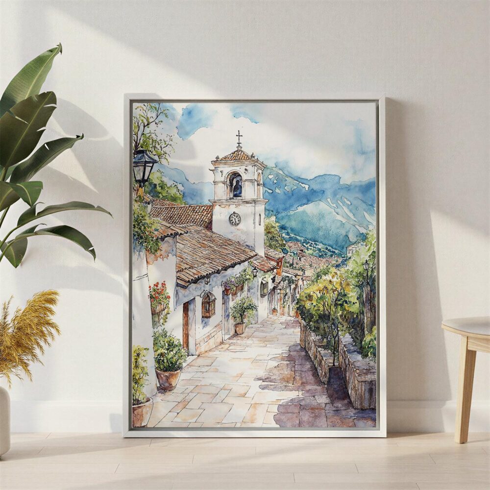 06 - Medellin Old Town Watercolor Canvas Print with White Floater Frame - Standing on Floor - Vertical.jpg 06 - Medellin Old Town Watercolor Canvas Print with White Floater Frame - Standing on Floor - Vertical.jpg