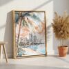 06 - Miami Florida Sunset Watercolor Canvas Print with Natural Floater Frame - Standing on Floor - Vertical.jpg