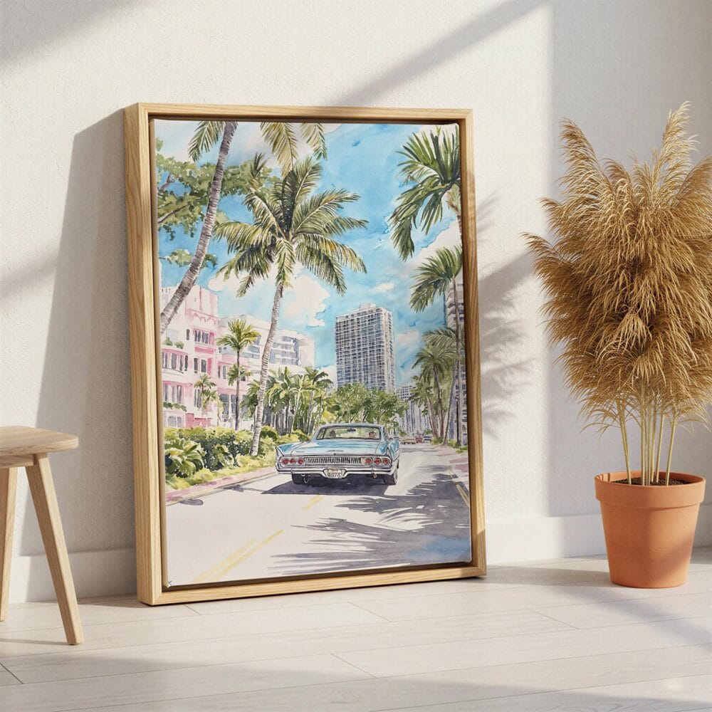 06 - Miami Watercolor Canvas Print with Natural Floater Frame - Standing on Floor - Vertical.jpg 06 - Miami Watercolor Canvas Print with Natural Floater Frame - Standing on Floor - Vertical.jpg