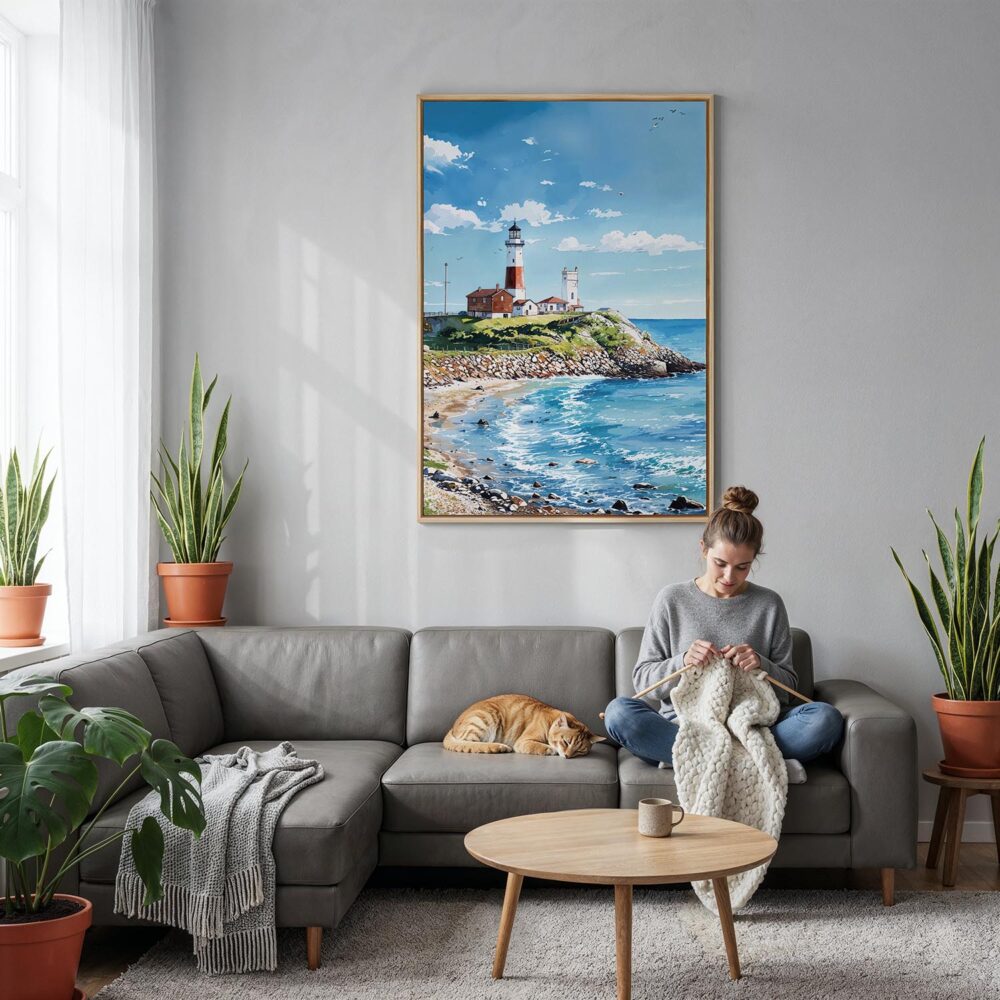 06 - Montauk lighthouse Long Island Watercolor Canvas Print with Natural Floater Frame - Woman Knitting on grey couch - Vertical.jpg 06 - Montauk lighthouse Long Island Watercolor Canvas Print with Natural Floater Frame - Woman Knitting on grey couch - Vertical.jpg