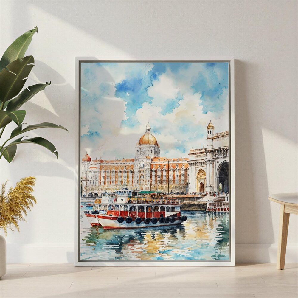 06 - Mumbai Taj Mahal Palace Watercolor Canvas Print with White Floater Frame - Standing on Floor - Vertical.jpg 06 - Mumbai Taj Mahal Palace Watercolor Canvas Print with White Floater Frame - Standing on Floor - Vertical.jpg