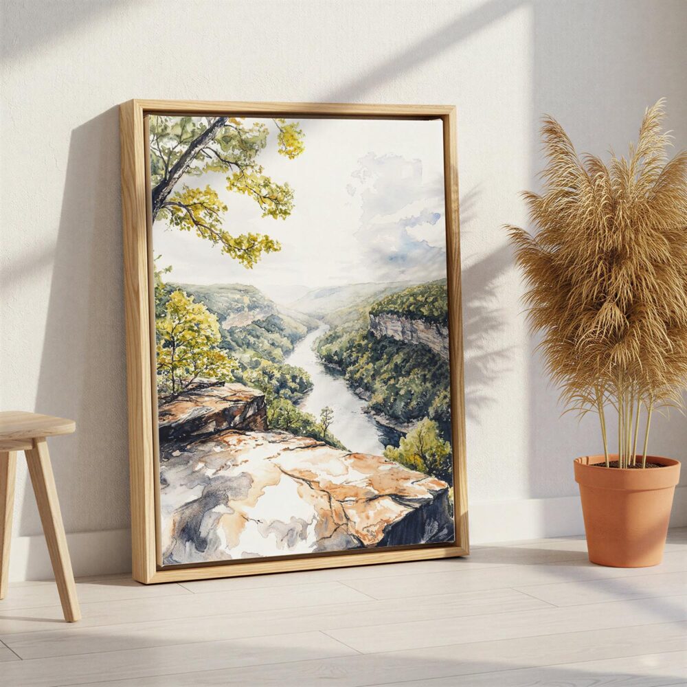 06 - New River Gorge Watercolor Canvas Print with Natural Floater Frame - Standing on Floor - Vertical.jpg 06 - New River Gorge Watercolor Canvas Print with Natural Floater Frame - Standing on Floor - Vertical.jpg