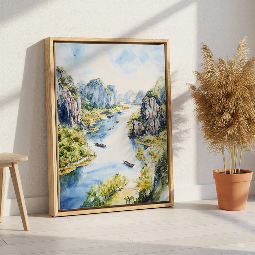 06 - Ninh Binh Watercolor Canvas Print with Natural Floater Frame - Standing on Floor - Vertical.jpg 06 - Ninh Binh Watercolor Canvas Print with Natural Floater Frame - Standing on Floor - Vertical.jpg