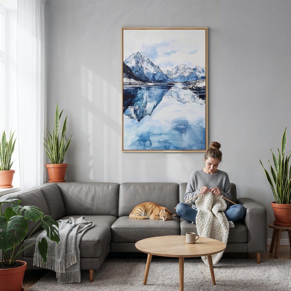 06 - Norway Watercolor Canvas Print with Natural Floater Frame - Woman Knitting on grey couch - Vertical.jpg 06 - Norway Watercolor Canvas Print with Natural Floater Frame - Woman Knitting on grey couch - Vertical.jpg