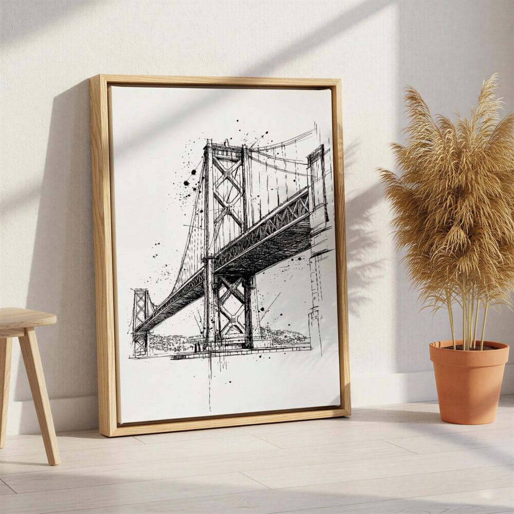 06 - Oakland Bridge - Pencil Drawing Canvas Print with Natural Floater Frame - Standing on Floor - Vertical.jpg 06 - Oakland Bridge - Pencil Drawing Canvas Print with Natural Floater Frame - Standing on Floor - Vertical.jpg