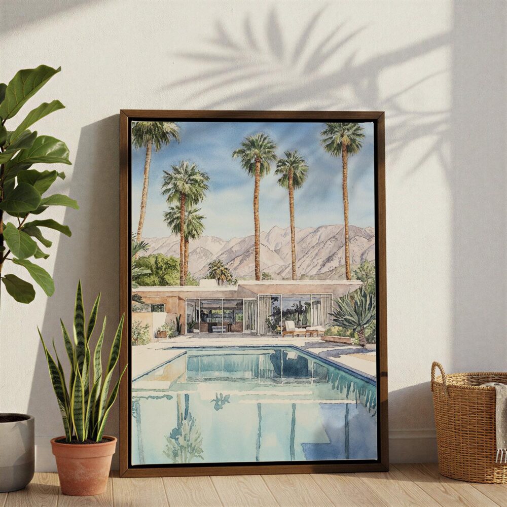 06 - Palm Springs Pool Villa Watercolor Canvas Print with Brown Floater Frame - Standing on Floor - Vertical.jpg 06 - Palm Springs Pool Villa Watercolor Canvas Print with Brown Floater Frame - Standing on Floor - Vertical.jpg