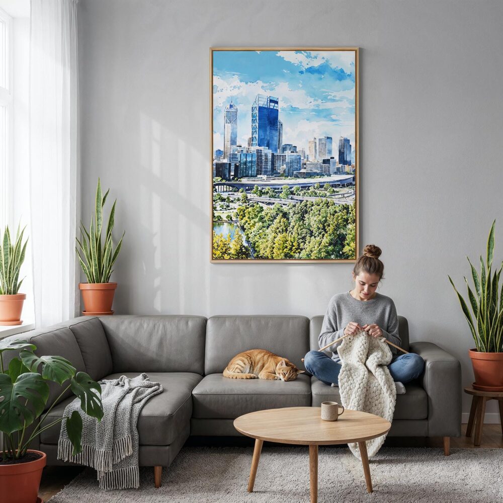 06 - Perth Australia Watercolor Canvas Print with Natural Floater Frame - Woman Knitting on grey couch - Vertical.jpg 06 - Perth Australia Watercolor Canvas Print with Natural Floater Frame - Woman Knitting on grey couch - Vertical.jpg