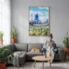 06 - Perth Australia Watercolor Canvas Print with Natural Floater Frame - Woman Knitting on grey couch - Vertical.jpg