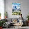 06 - Perth Australia Watercolor Canvas Print with Natural Floater Frame - Woman Knitting on grey couch - Vertical.jpg