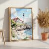 06 - Portland Maine Watercolor Canvas Print with Natural Floater Frame - Standing on Floor - Vertical.jpg