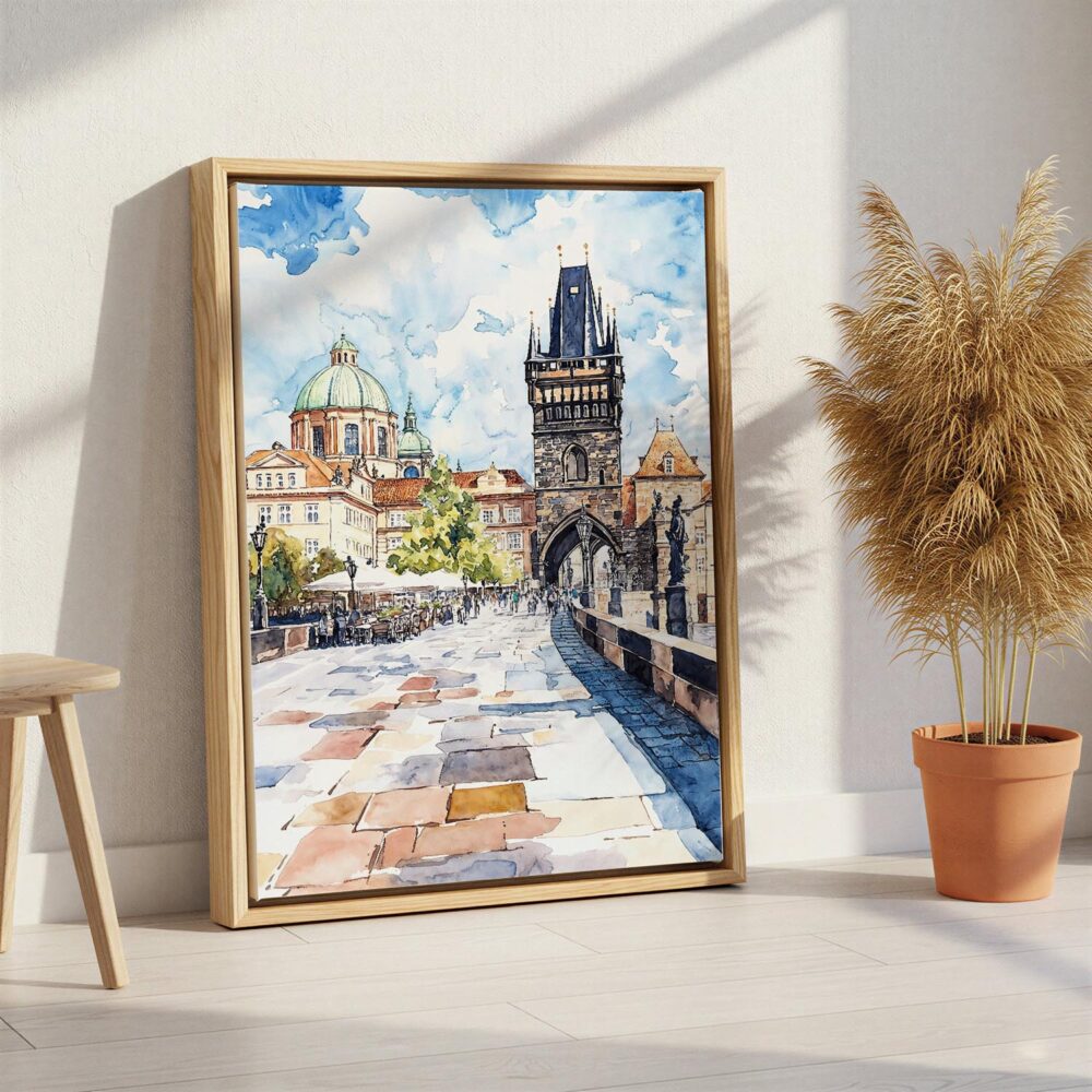 06 - Prague Charles Bridge Watch Tower- Watercolor Canvas Print with Natural Floater Frame - Standing on Floor - Vertical.jpg 06 - Prague Charles Bridge Watch Tower- Watercolor Canvas Print with Natural Floater Frame - Standing on Floor - Vertical.jpg