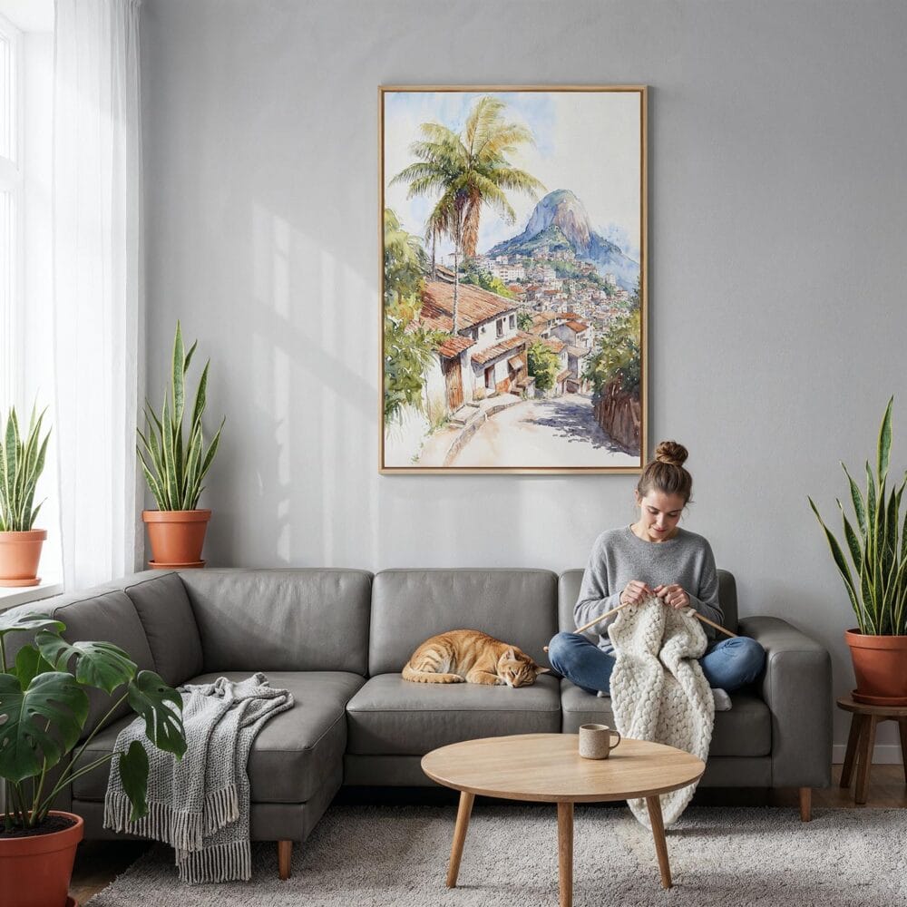 06 - Rio De Janeiro Rocinha Favela Watercolor Canvas Print with Natural Floater Frame - Woman Knitting on grey couch - Vertical.jpg 06 - Rio De Janeiro Rocinha Favela Watercolor Canvas Print with Natural Floater Frame - Woman Knitting on grey couch - Vertical.jpg