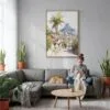 06 - Rio De Janeiro Rocinha Favela Watercolor Canvas Print with Natural Floater Frame - Woman Knitting on grey couch - Vertical.jpg