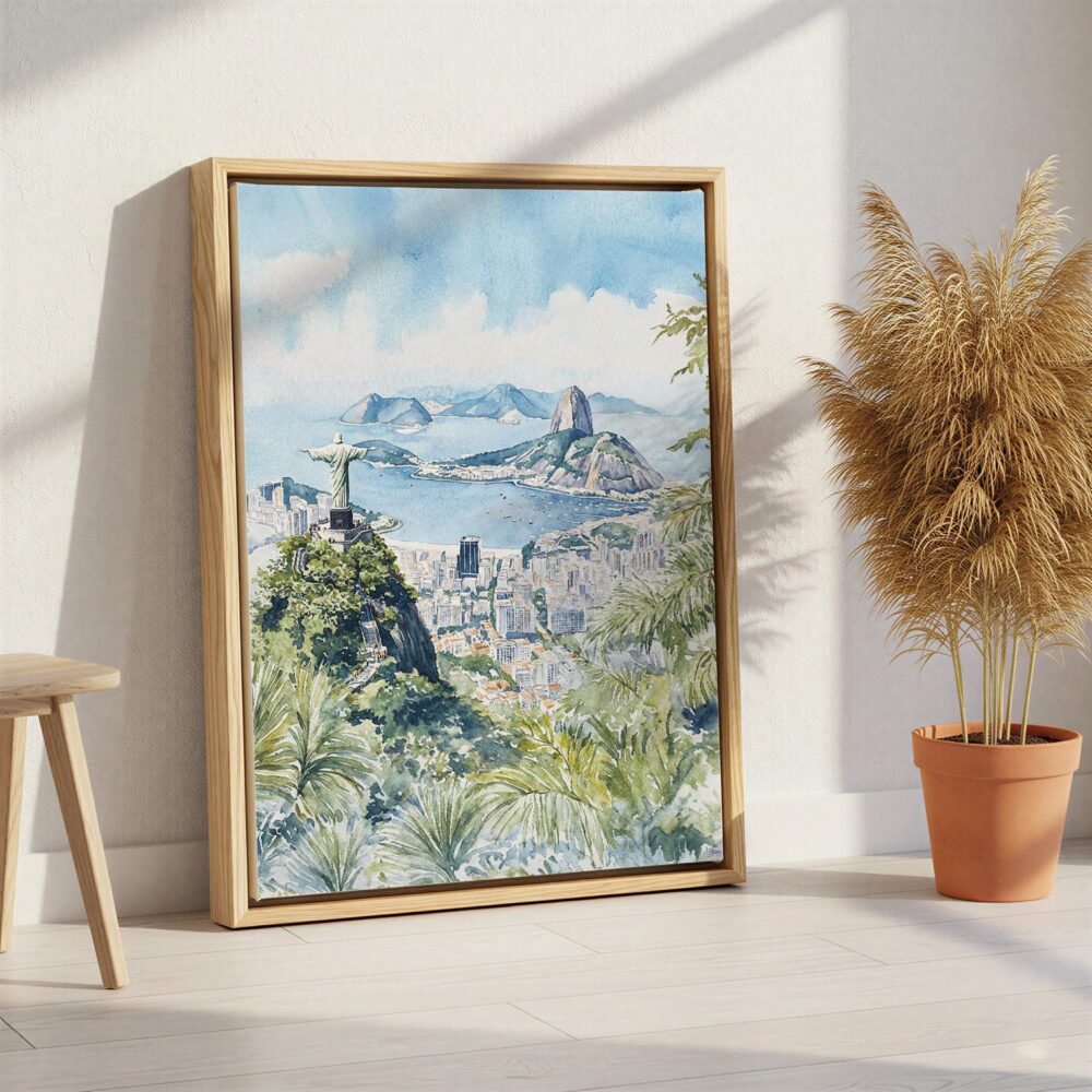 06 - Rio De Janeiro Watercolor Canvas Print with Natural Floater Frame - Standing on Floor - Vertical.jpg 06 - Rio De Janeiro Watercolor Canvas Print with Natural Floater Frame - Standing on Floor - Vertical.jpg