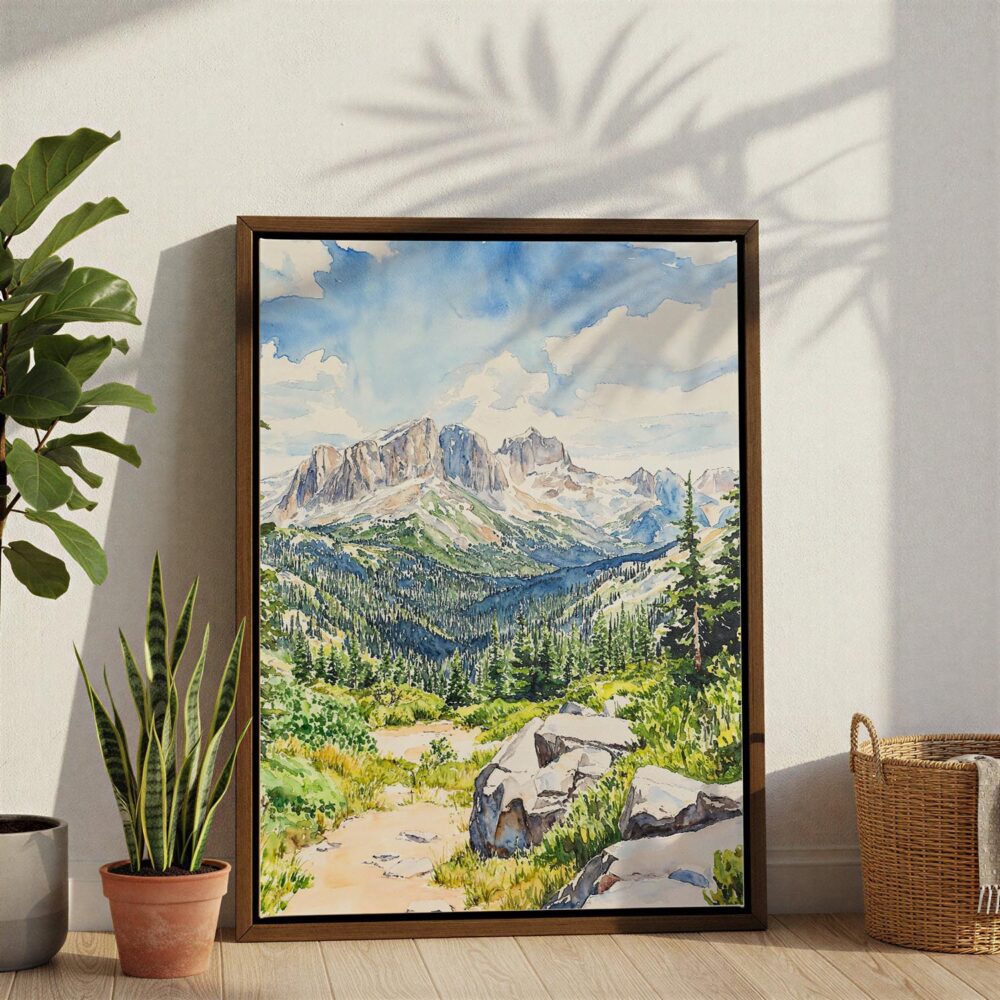 06 - Rocky Mountains Watercolor Canvas Print with Brown Floater Frame - Standing on Floor - Vertical.jpg 06 - Rocky Mountains Watercolor Canvas Print with Brown Floater Frame - Standing on Floor - Vertical.jpg