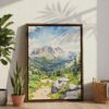 06 - Rocky Mountains Watercolor Canvas Print with Brown Floater Frame - Standing on Floor - Vertical.jpg