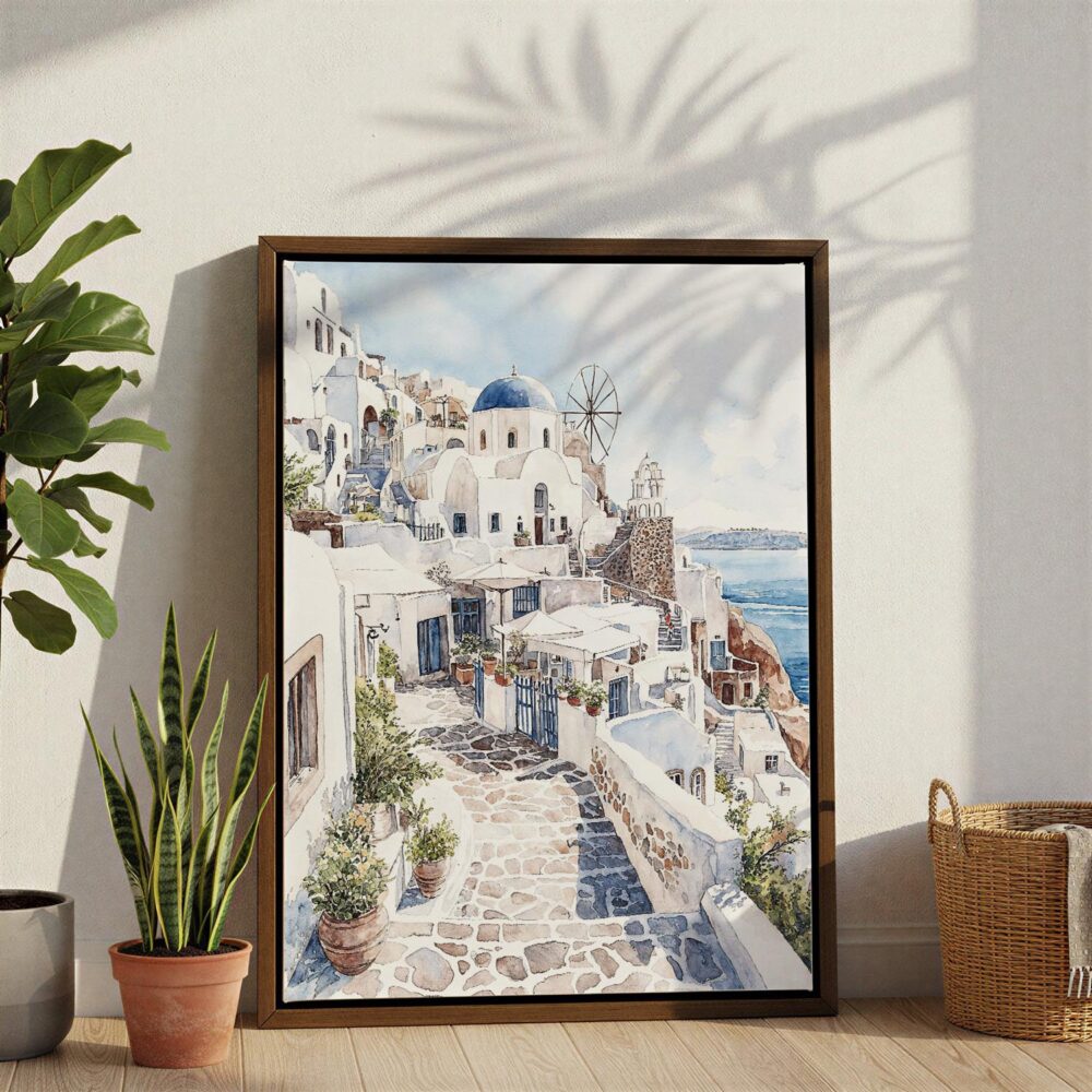 06 - Santorini Blue Dome - Watercolor Canvas Print with Brown Floater Frame - Standing on Floor - Vertical.jpg 06 - Santorini Blue Dome - Watercolor Canvas Print with Brown Floater Frame - Standing on Floor - Vertical.jpg