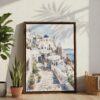 06 - Santorini Blue Dome - Watercolor Canvas Print with Brown Floater Frame - Standing on Floor - Vertical.jpg