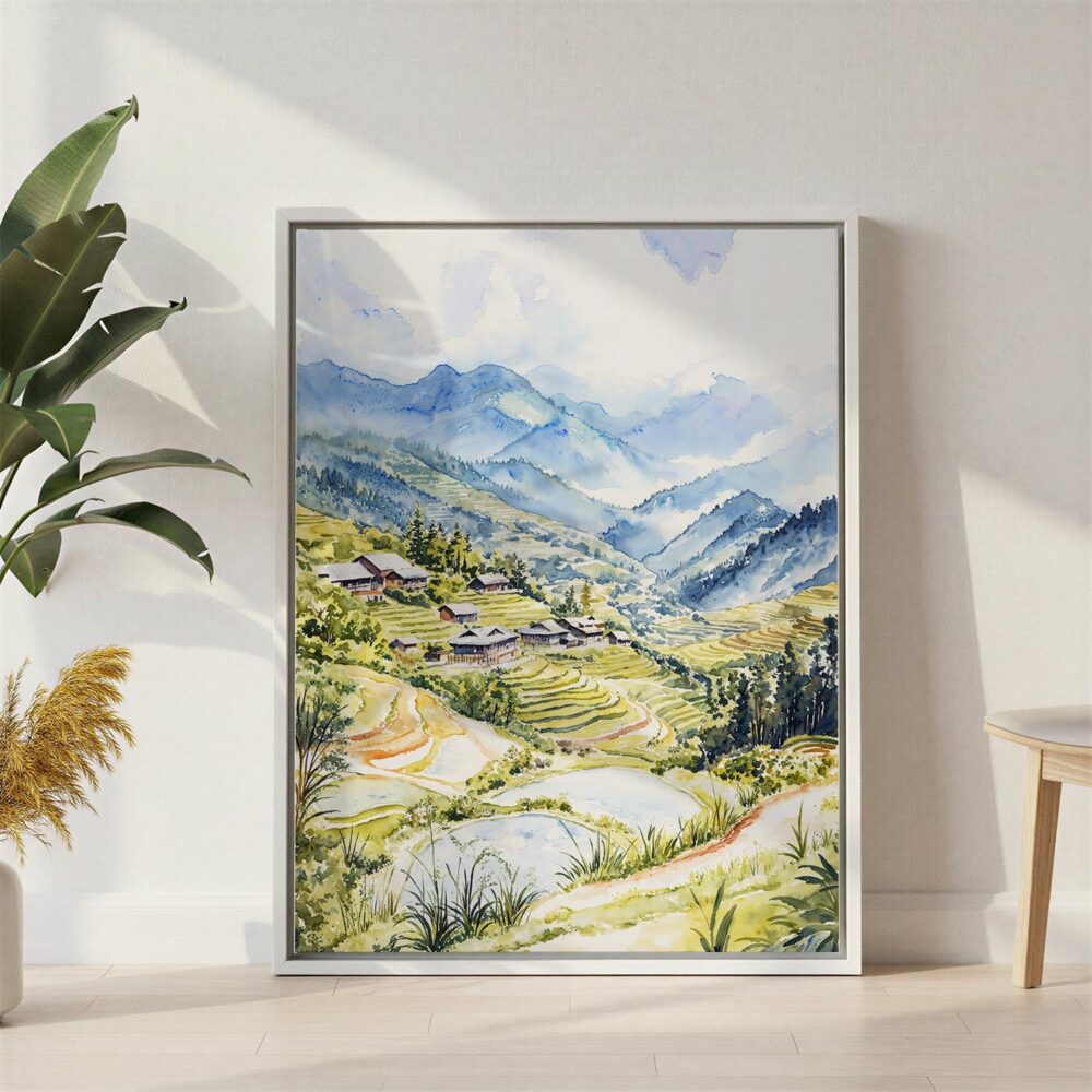 06 - Sapa Vietnam Watercolor Canvas Print with White Floater Frame - Standing on Floor - Vertical.jpg 06 - Sapa Vietnam Watercolor Canvas Print with White Floater Frame - Standing on Floor - Vertical.jpg