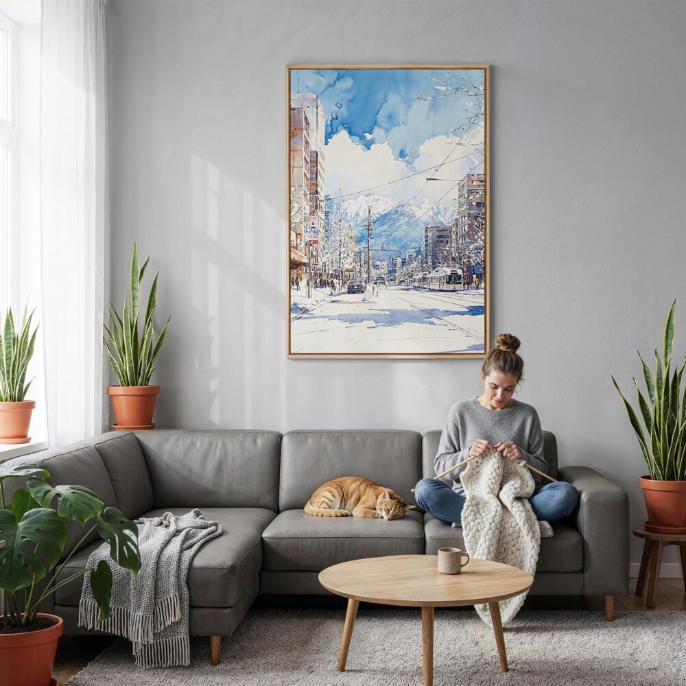 06 - Sapporo Japan Watercolor Canvas Print with Natural Floater Frame - Woman Knitting on grey couch - Vertical.jpg 06 - Sapporo Japan Watercolor Canvas Print with Natural Floater Frame - Woman Knitting on grey couch - Vertical.jpg