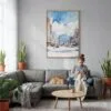 06 - Sapporo Japan Watercolor Canvas Print with Natural Floater Frame - Woman Knitting on grey couch - Vertical.jpg