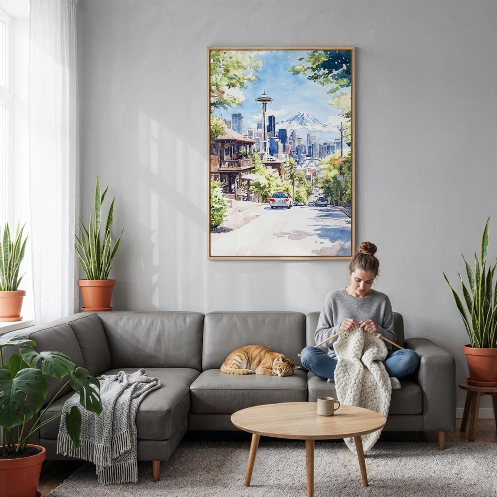 06 - Seattle Skyline - Watercolor Canvas Print with Natural Floater Frame - Woman Knitting on grey couch - Vertical.jpg 06 - Seattle Skyline - Watercolor Canvas Print with Natural Floater Frame - Woman Knitting on grey couch - Vertical.jpg