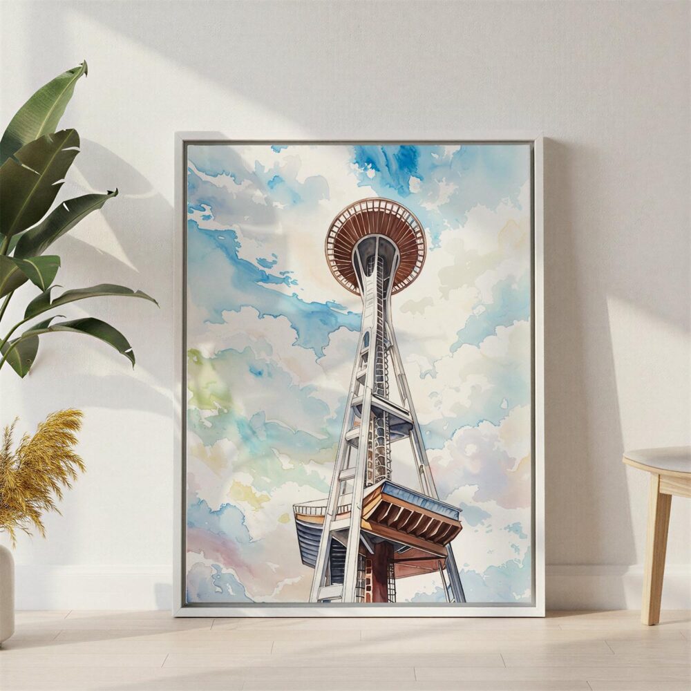06 - Seattle Space Needle Watercolor Canvas Print with White Floater Frame - Standing on Floor - Vertical.jpg 06 - Seattle Space Needle Watercolor Canvas Print with White Floater Frame - Standing on Floor - Vertical.jpg
