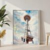 06 - Seattle Space Needle Watercolor Canvas Print with White Floater Frame - Standing on Floor - Vertical.jpg