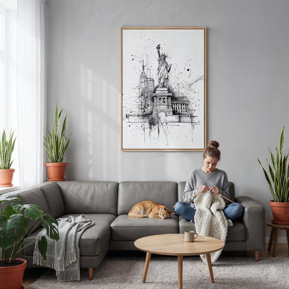 06 - Statue of liberty - Pencil Drawing Canvas Print with Natural Floater Frame - Woman Knitting on grey couch - Vertical.jpg 06 - Statue of liberty - Pencil Drawing Canvas Print with Natural Floater Frame - Woman Knitting on grey couch - Vertical.jpg