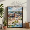 06 - Stockholm Skyline Watercolor Canvas Print with Brown Floater Frame - Standing on Floor - Vertical.jpg