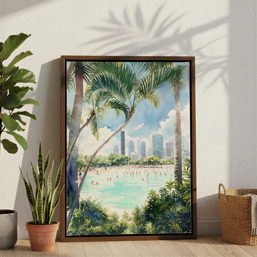 06 - Streets Beach Watercolor Canvas Print with Brown Floater Frame - Standing on Floor - Vertical.jpg 06 - Streets Beach Watercolor Canvas Print with Brown Floater Frame - Standing on Floor - Vertical.jpg