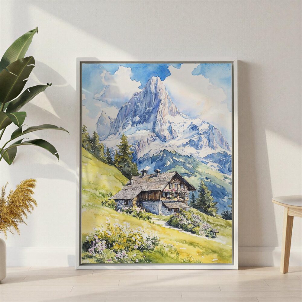 06 - Swiss Alps Watercolor Canvas Print with White Floater Frame - Standing on Floor - Vertical.jpg 06 - Swiss Alps Watercolor Canvas Print with White Floater Frame - Standing on Floor - Vertical.jpg