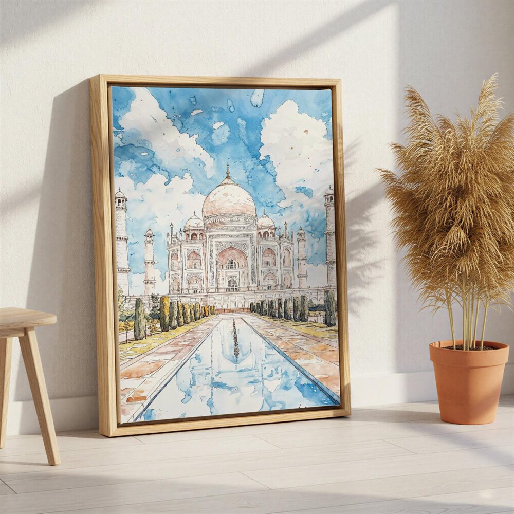06 - Taj Mahal Vibrant Watercolor Canvas Print with Natural Floater Frame - Standing on Floor - Vertical.jpg 06 - Taj Mahal Vibrant Watercolor Canvas Print with Natural Floater Frame - Standing on Floor - Vertical.jpg