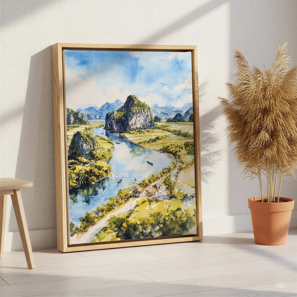 06 - Tam coc ninh binh Watercolor Canvas Print with Natural Floater Frame - Standing on Floor - Vertical.jpg 06 - Tam coc ninh binh Watercolor Canvas Print with Natural Floater Frame - Standing on Floor - Vertical.jpg