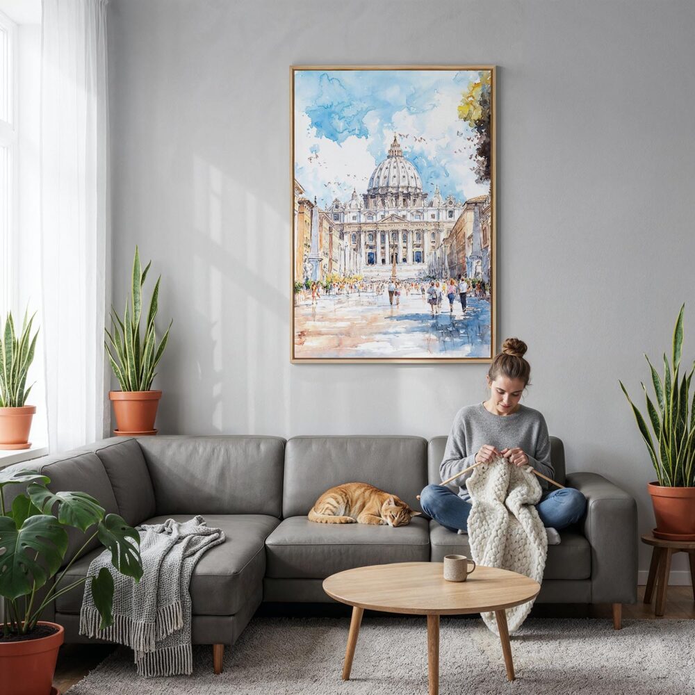 06 - The Vatican Watercolor Canvas Print with Natural Floater Frame - Woman Knitting on grey couch - Vertical.jpg 06 - The Vatican Watercolor Canvas Print with Natural Floater Frame - Woman Knitting on grey couch - Vertical.jpg