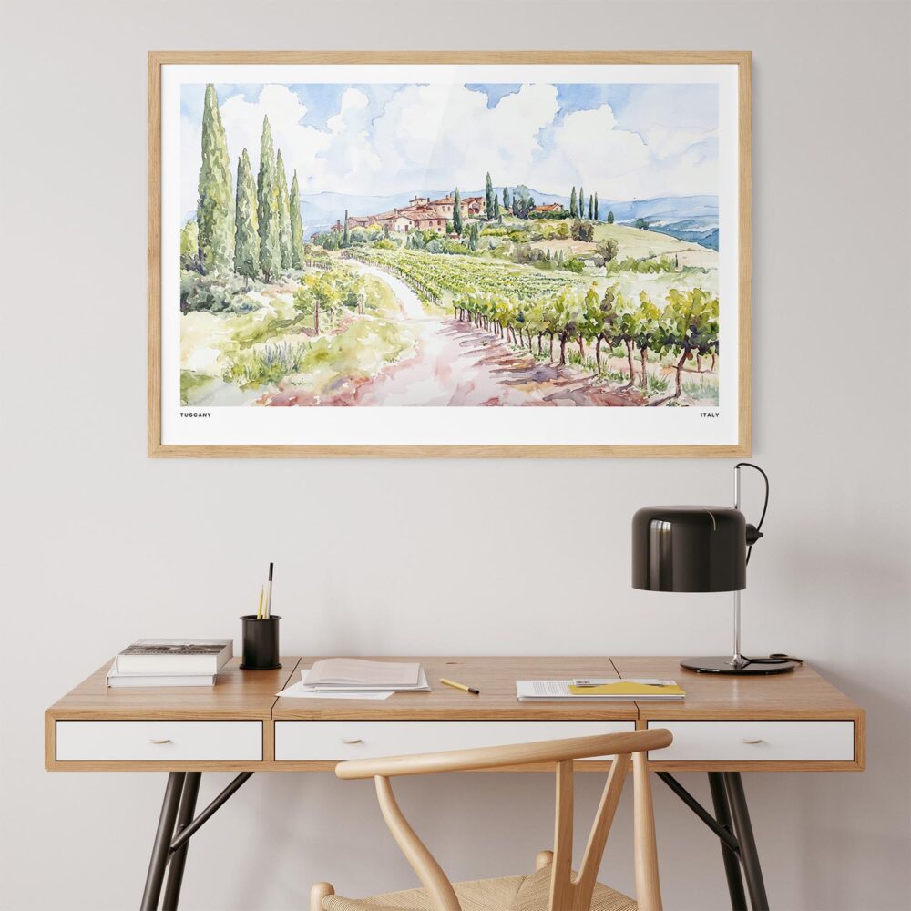 06 - Tuscany Watercolor - Horizontal Art Print in Natural Wood Frame above work desk.jpg 06 - Tuscany Watercolor - Horizontal Art Print in Natural Wood Frame above work desk.jpg