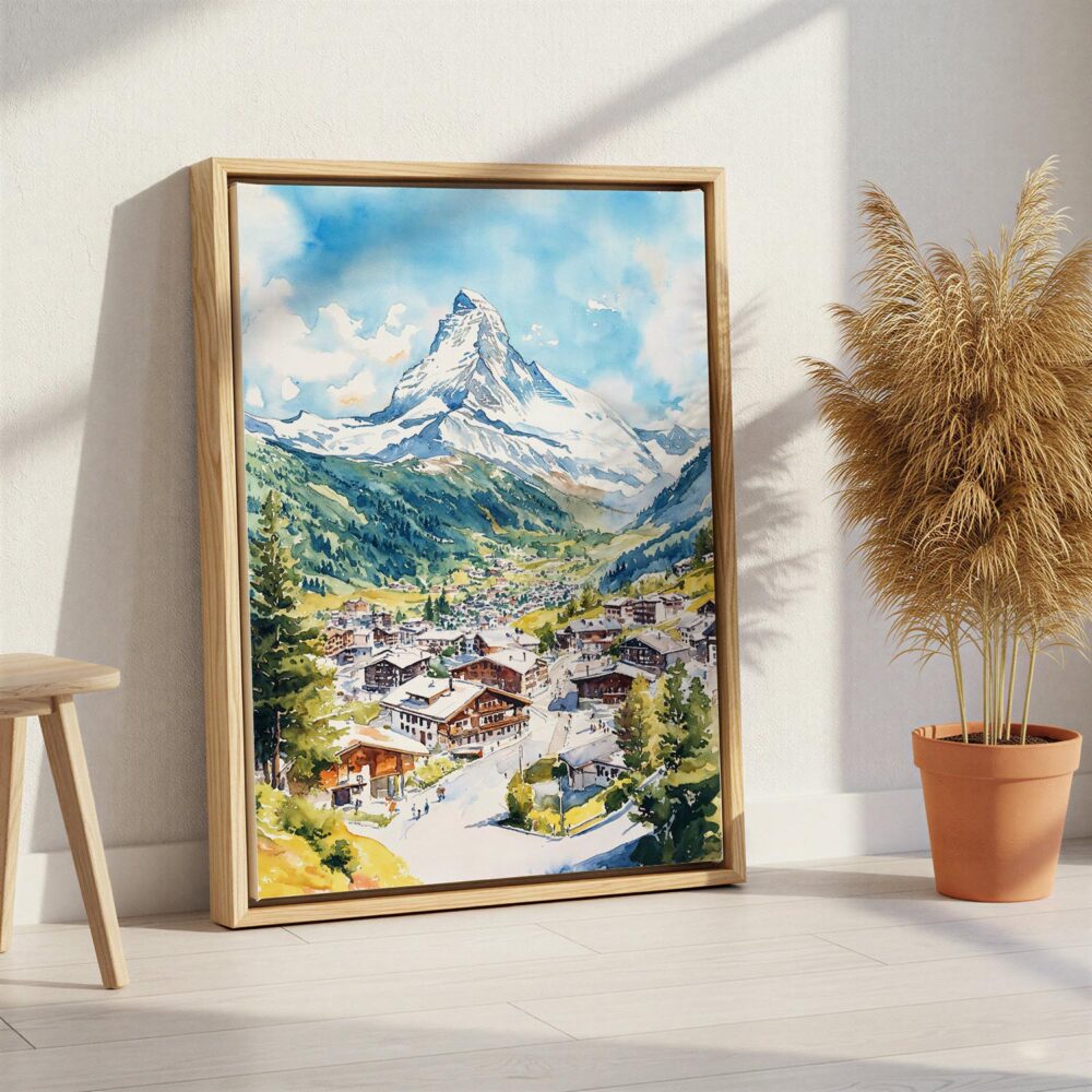 06 - Zermatt Switzerland Watercolor Canvas Print with Natural Floater Frame - Standing on Floor - Vertical.jpg 06 - Zermatt Switzerland Watercolor Canvas Print with Natural Floater Frame - Standing on Floor - Vertical.jpg