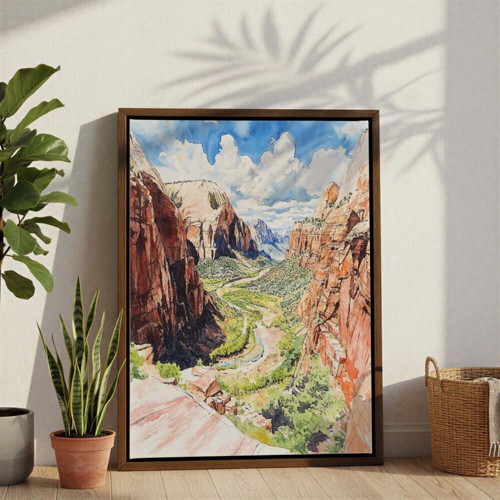 06 - Zion Canyon Watercolor Canvas Print with Brown Floater Frame - Standing on Floor - Vertical.jpg 06 - Zion Canyon Watercolor Canvas Print with Brown Floater Frame - Standing on Floor - Vertical.jpg