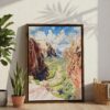 06 - Zion Canyon Watercolor Canvas Print with Brown Floater Frame - Standing on Floor - Vertical.jpg