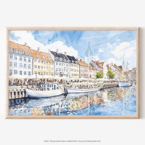 01 - 01 - Copenhagen Denmark Harbor Watercolor - Horizontal Art - Digital Download - Main.jpg