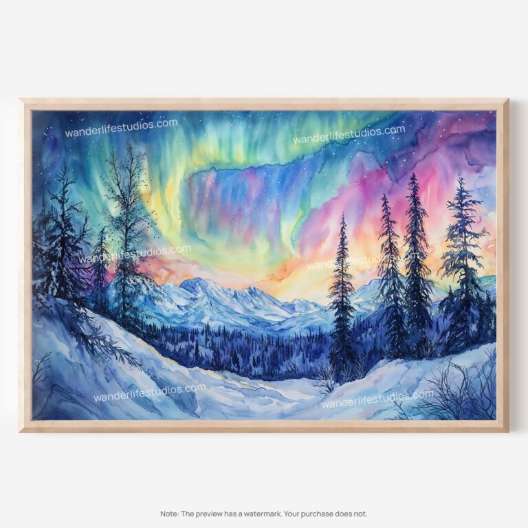 01 - 01 - Fairbanks Alaska Northern Lights Watercolor - Horizontal Art - Digital Download - Main.jpg