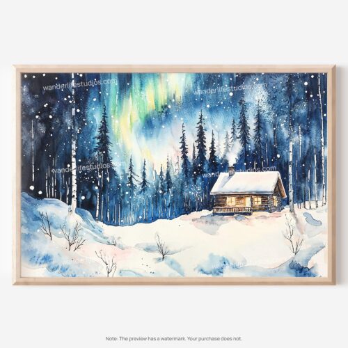 01 - 01 - Finland Lapland Aurora Watercolor - Horizontal Art - Digital Download - Main.jpg