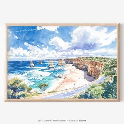 01 - 01 - Great Ocean Road Australia Watercolor - Horizontal Art - Digital Download - Main.jpg
