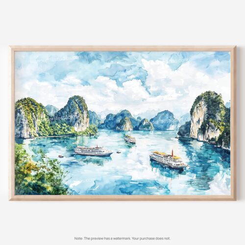 01 - 01 - Ha Long Vietnam Watercolor - Horizontal Art - Digital Download - Main.jpg